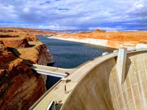 View of Glen Canyon Dam, Arizona, blue skies, red rock, saturated colors